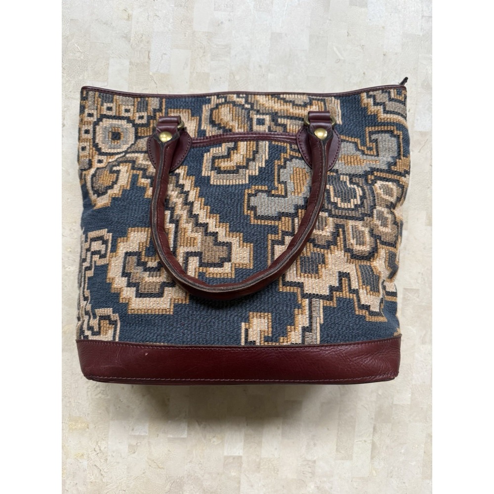 Patricia Nash Peruvian Tapestry Sungaro Tote Blue Tan Leather Brass Boho Tribal - Picture 8 of 16